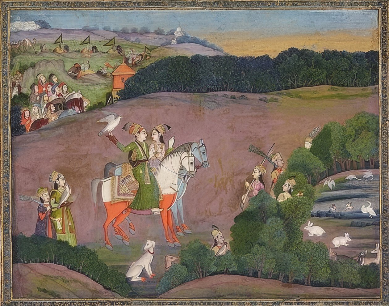 Baz Bahadur e Rupmati caçando falcões. Por volta de 1735 de Mir Kalan Khan