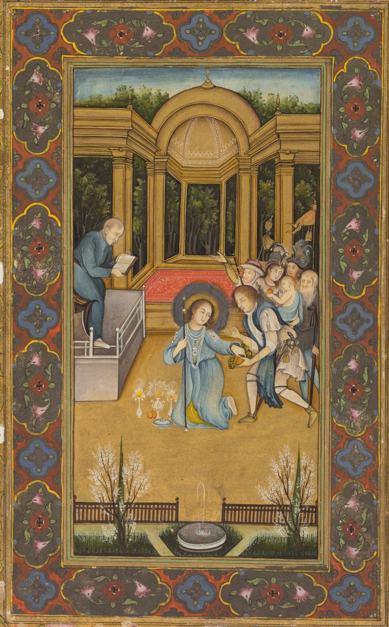 Jesus entre os doutores no Templo, c. 1760 (aguarela opaca com dourado sobre papel, bordos florais a cores sobre fundo dourado) de Mir Kalan Khan