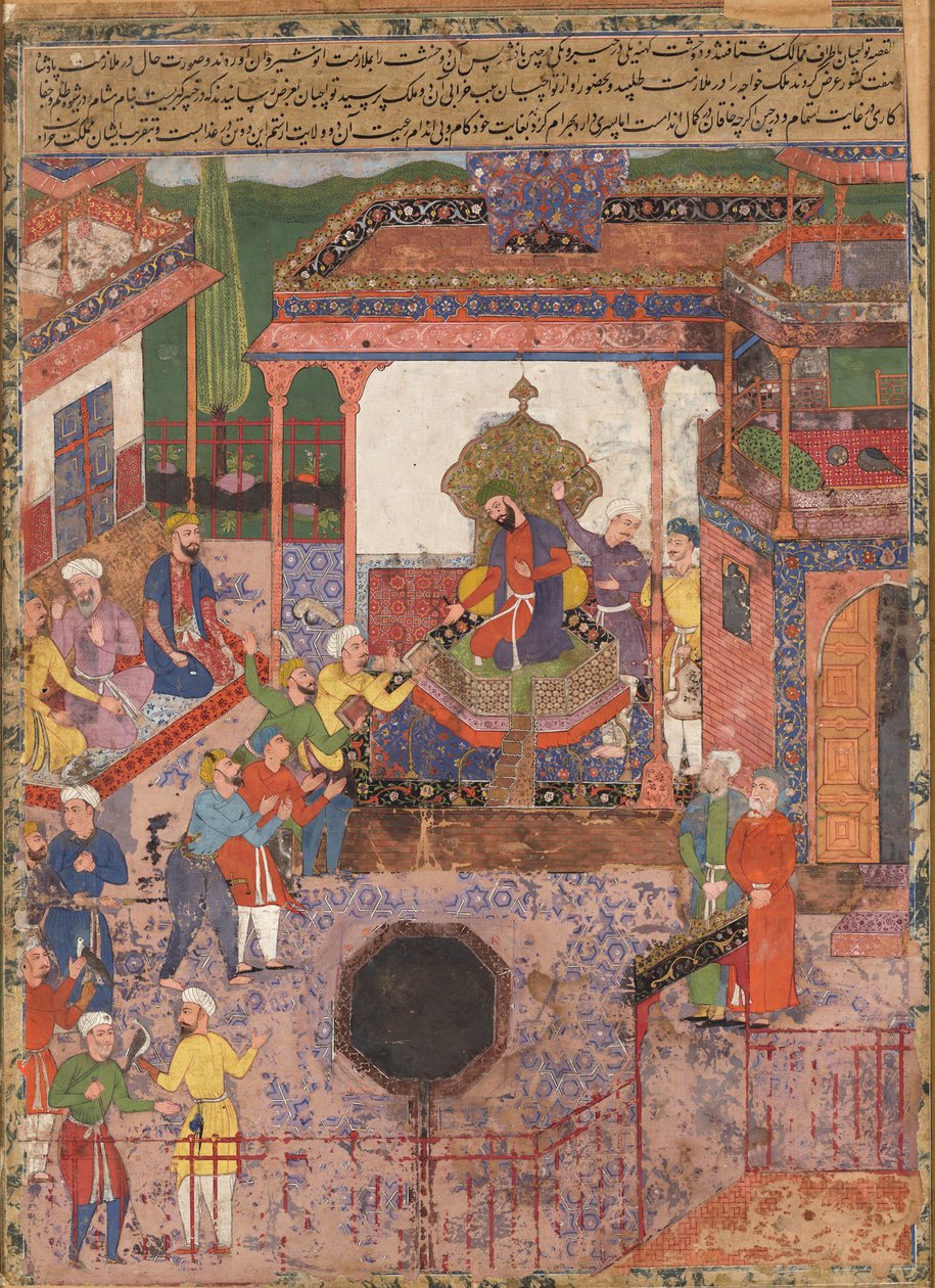 Emissários trazem notícias das províncias de Khaybar e Chin para Anoshirvan. De Hamzanama de Mir Sayyid Ali