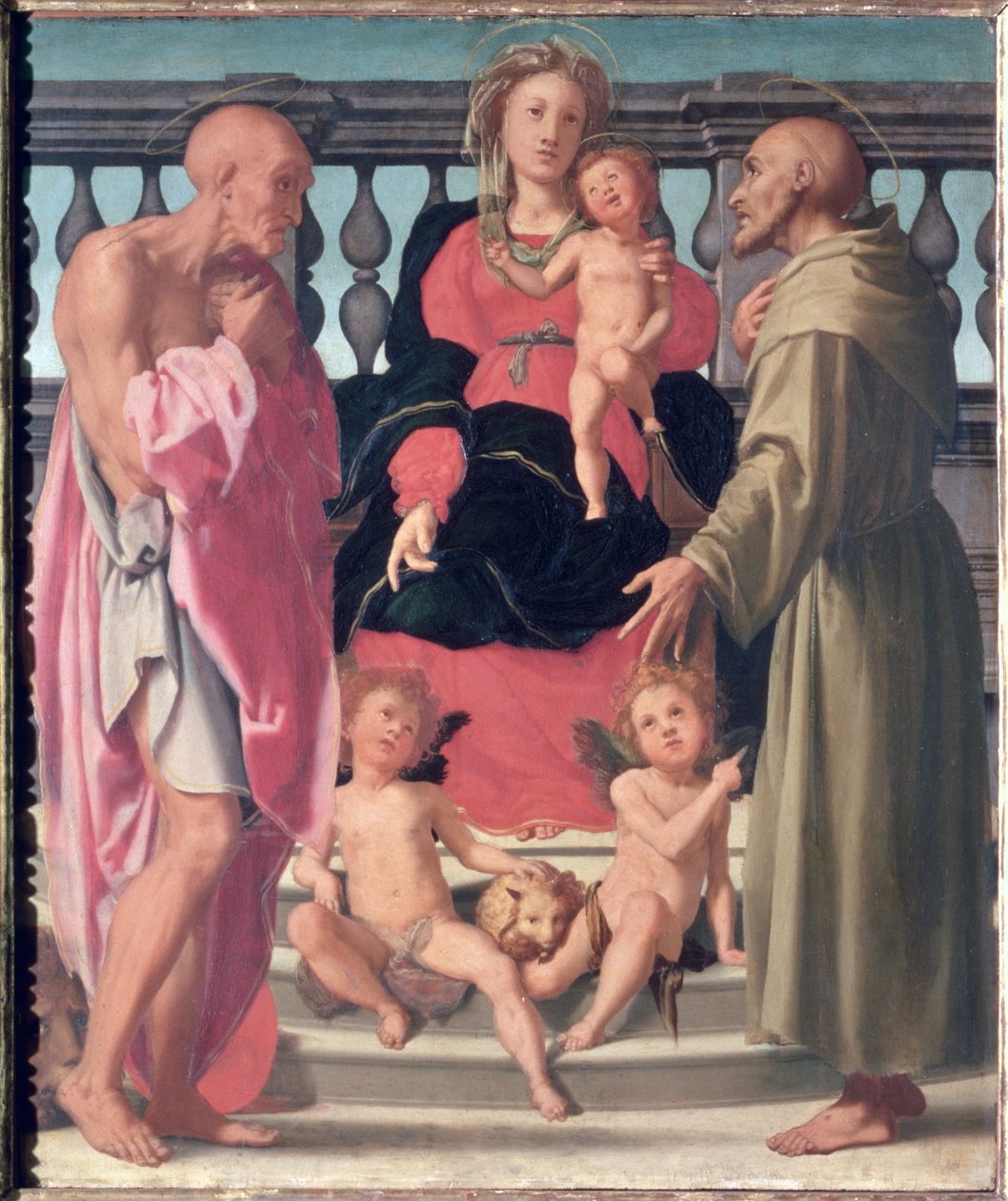Madonna e criança com SS. Jerome e Francis (painel) de Mirabello Cavalori
