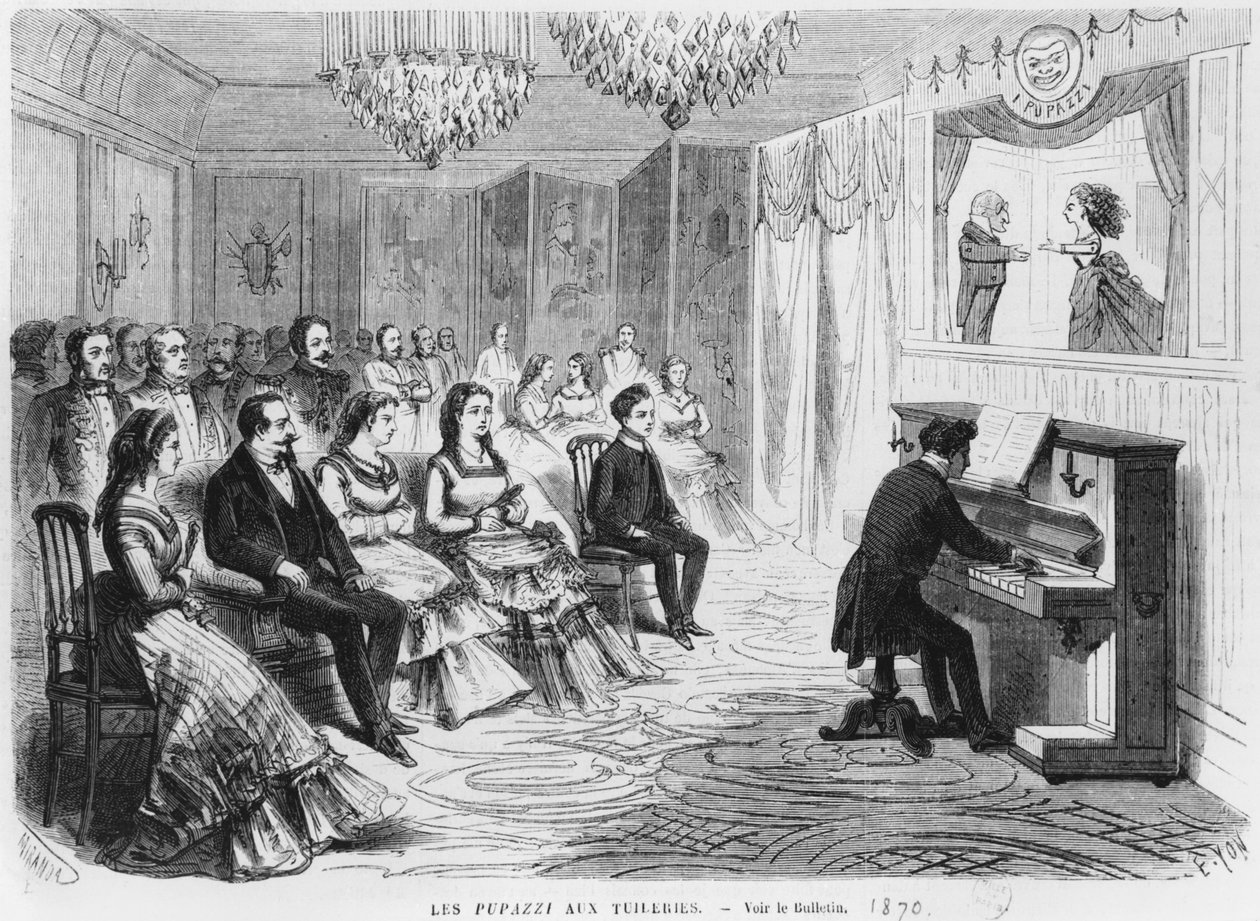 O show de marionetes I Pupazzi realizando na frente do imperador Napoleão III (1808-1873) Imperatriz Eugenie (1826-1920) e o príncipe Eugênio Luís Napoleão Bonaparte (1856-79) nas Tulherias, gravados por Edmond Yo de Miranda