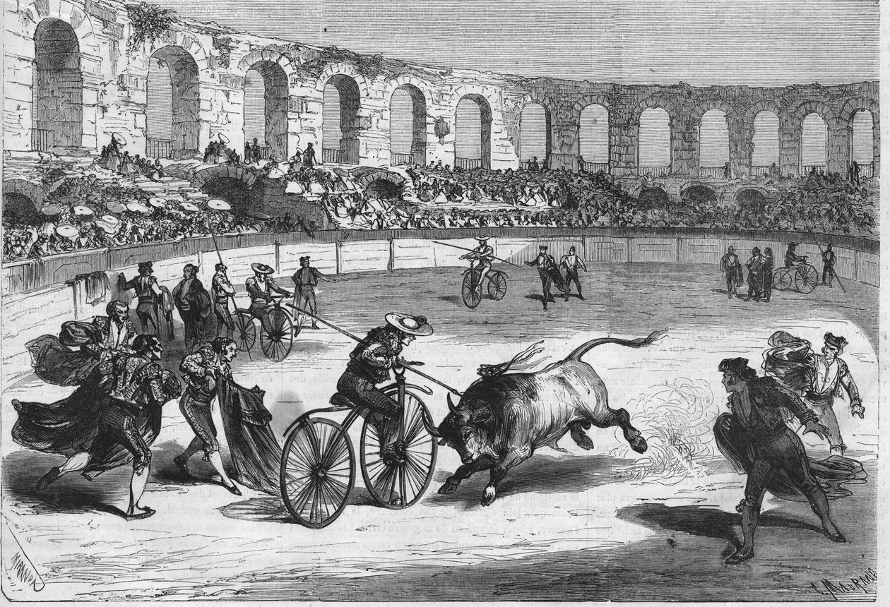 A corrida de touros na Arena de Nimes em 1869. Os toreadores montados sobre velocipedes. Desenho do Sr. Miranda. de Miranda Miranda
