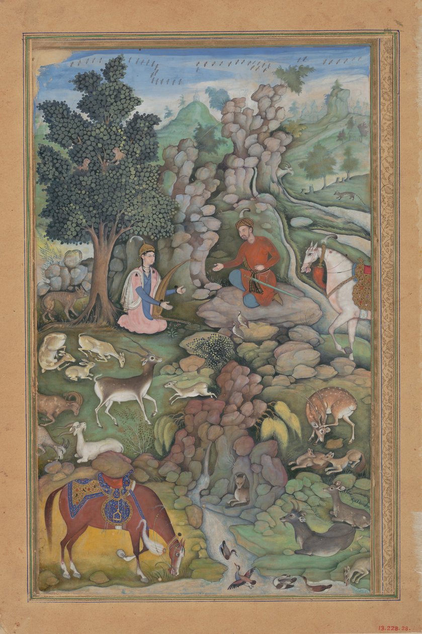 Bahram Gur vê um rebanho de veados hipnotizado pela música de Dilaram, Folio from..., 1597-98. de Miskin