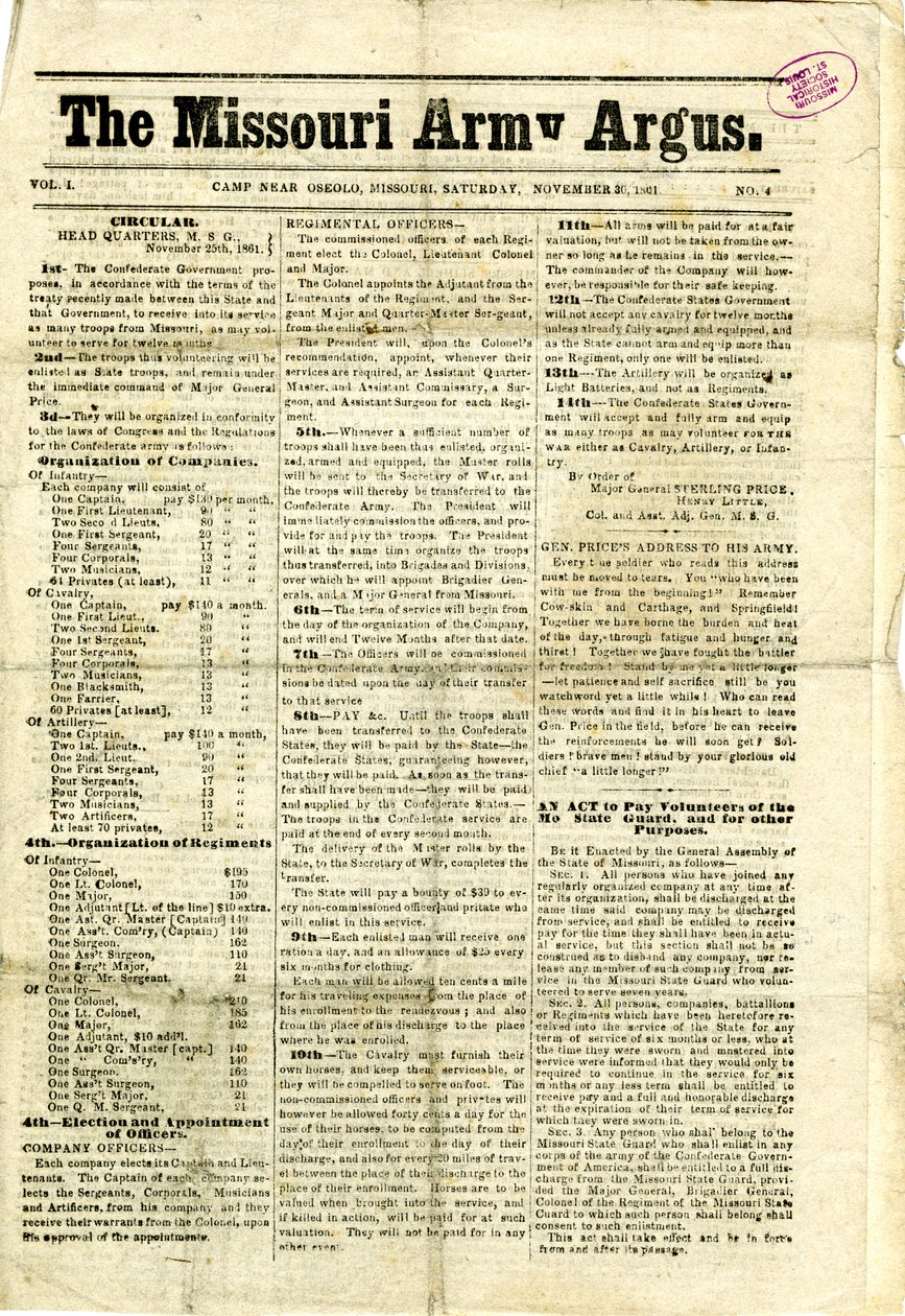 Inclui circulares impressas e cartas, uma proclamação e uma mensagem para as mulheres do Missouri de Missouri Army Argus
