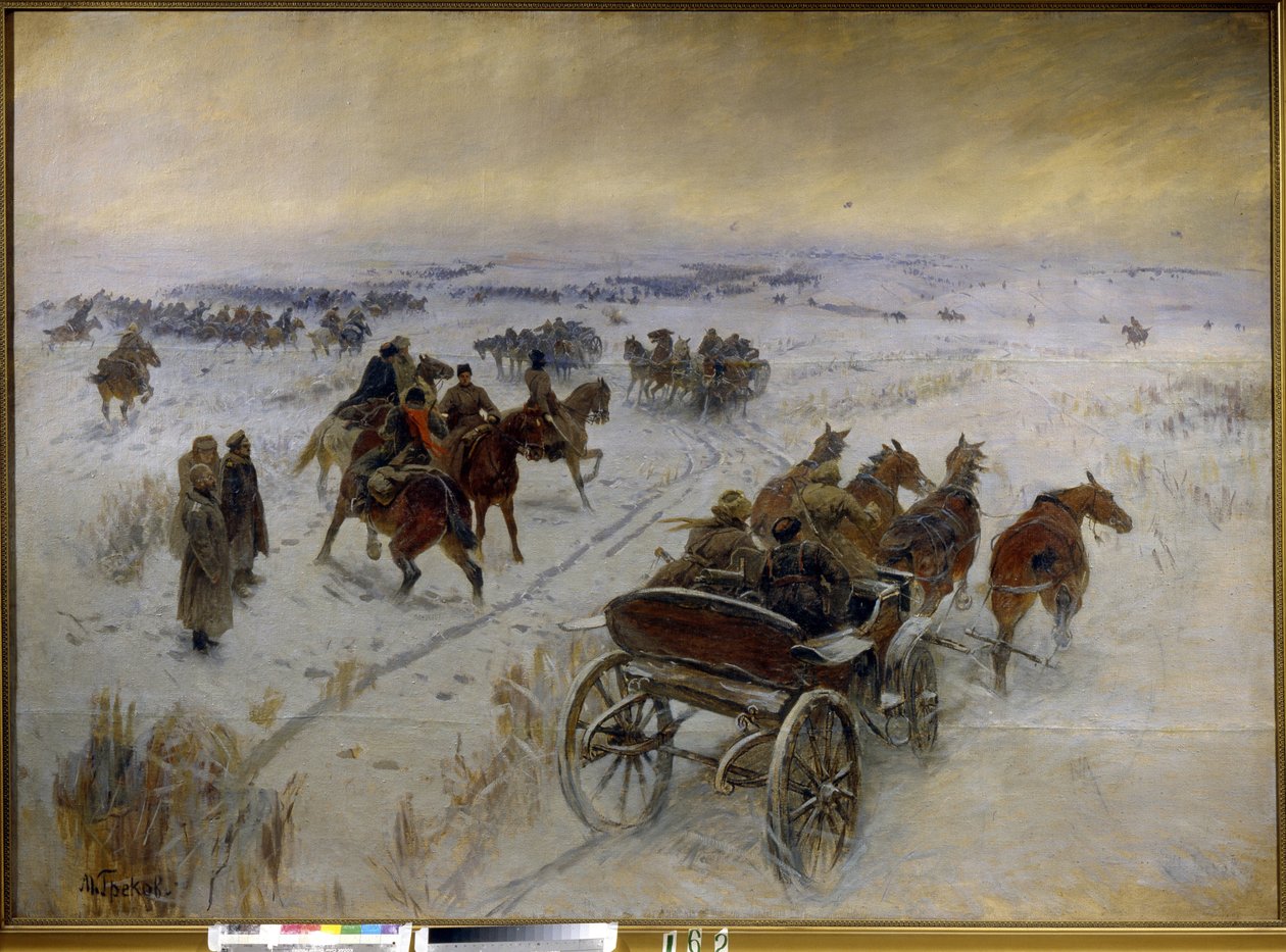 A batalha em Yegorlykskaya (Rússia). Episódio da Guerra Civil Russa (1917-1923), confronto da cavalaria do Exército Vermelho e do Exército Branco, nas planícies nevadas. Pintura de Mitrofan Borisovich Grekov (1882-1934), óleo sobre tela de Mitrofan Borisovic Grekov