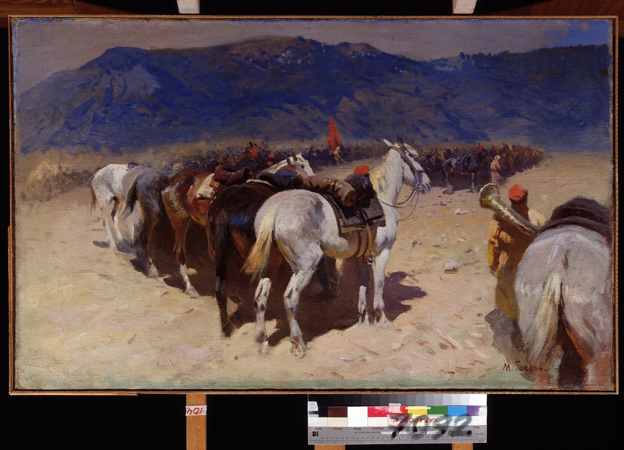 O resto da Cavalaria, o 29 Regimento de Cavalaria em Bukhara. Os cavalos sem cavaleiro de um regimento do Exército Vermelho em fila na estepe durante a Revolução de Outubro de 1917. Pintura de Mitrofan Borisovic Grekov