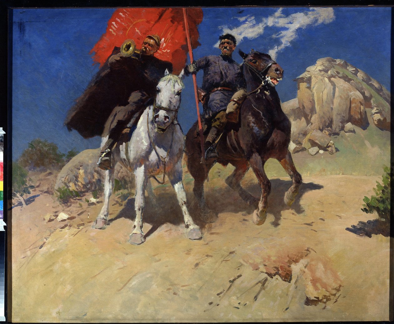 Portador Padrão e Trompetista. Dois soldados de um regimento de cavalaria do Exército Vermelho, durante a Revolução de Outubro de 1917. Pintura de Mitrofan Borisovitch Grekov (1882-1934), óleo sobre tela de Mitrofan Borisovic Grekov