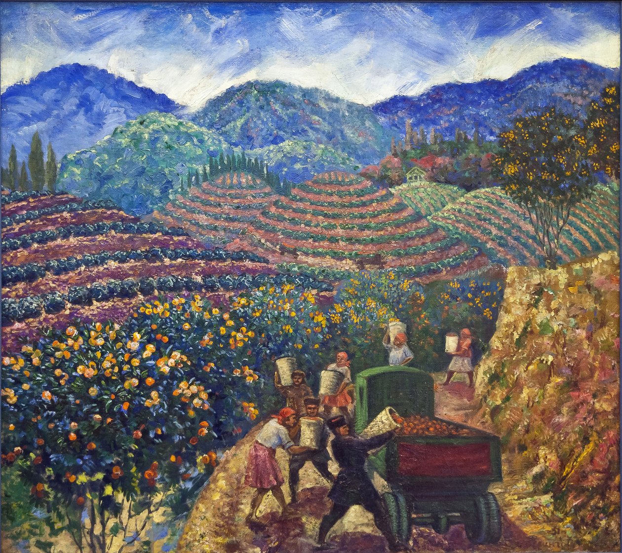 The Harvest in Chakva sovkhoz par Beringov, Mitrofan Mikhaylovich (1986-1937). Óleo sobre tela, tamanho: 114x128 de Mitrofan Mikhaylovich Beringov