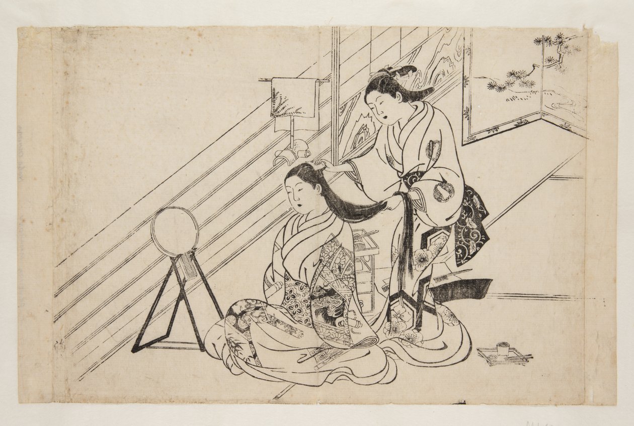 Mulher a pentear o cabelo (impressão em bloco de madeira de cor) de Mitsunobu Hasegawa