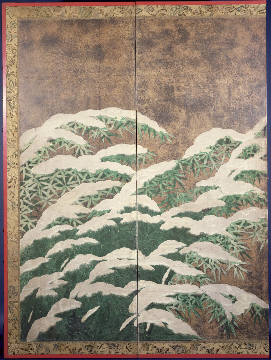 Bambu na neve, c.1600 (tinta, cores, ouro e prata sobre papel) de Mitsuyoshi Tosa