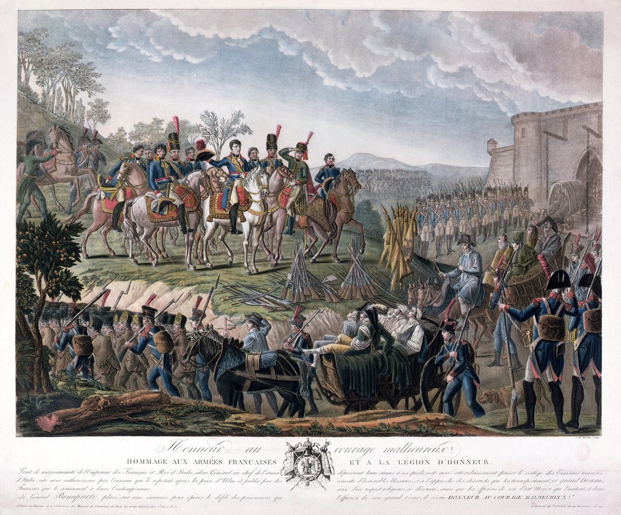 Napoleão Homenagem à Coragem dos Derrotados, durante a rendição de Ulm, em 20 de outubro de 1805 (gravura a cores) de Mixille or Mixelle Jean Marie