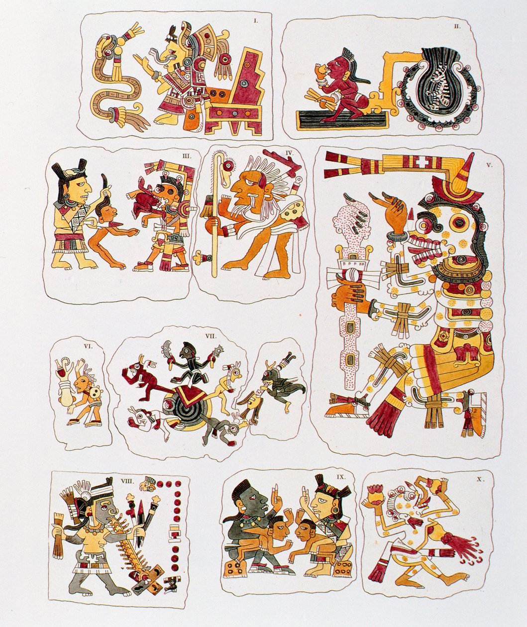 Cópia fac-símile de uma página do codexe Borgia representando cenas diferentes (litografia colorida) de Mixtec