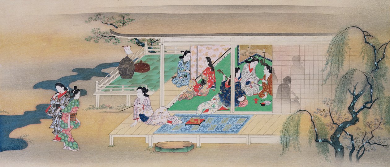 Sarau musical durante uma noite de luar em junho, ilustração da revista Kokka, publicada em 1905-6 de Miyagawa Chōshun