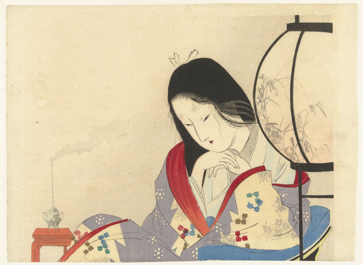 Mulher em um Interior por uma lâmpada, 1890-1908 (cor xilogravura) de Mizuno Toshikata