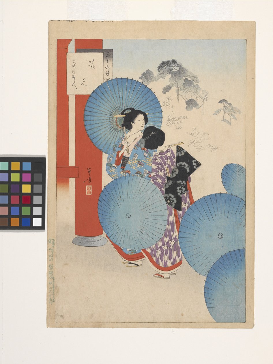 Vista de flores, Ladies Of The Bunsei Era (impressão a cores de bloco de madeira) de Mizuno Toshikata