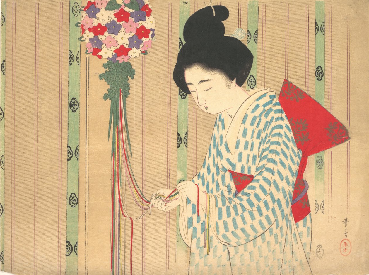 Bola ornamental do frontispício kuchie de um romance, ca. 1906. de Mizuno Toshikata