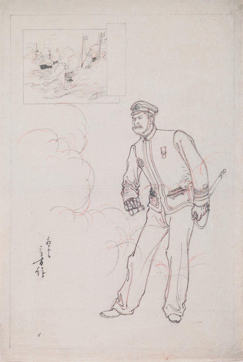Desenho Preparatório para uma Impressão em bloco de madeira representando um Oficial Naval japonês durante a Guerra Sino-Japonesa de Mizuno Toshikata