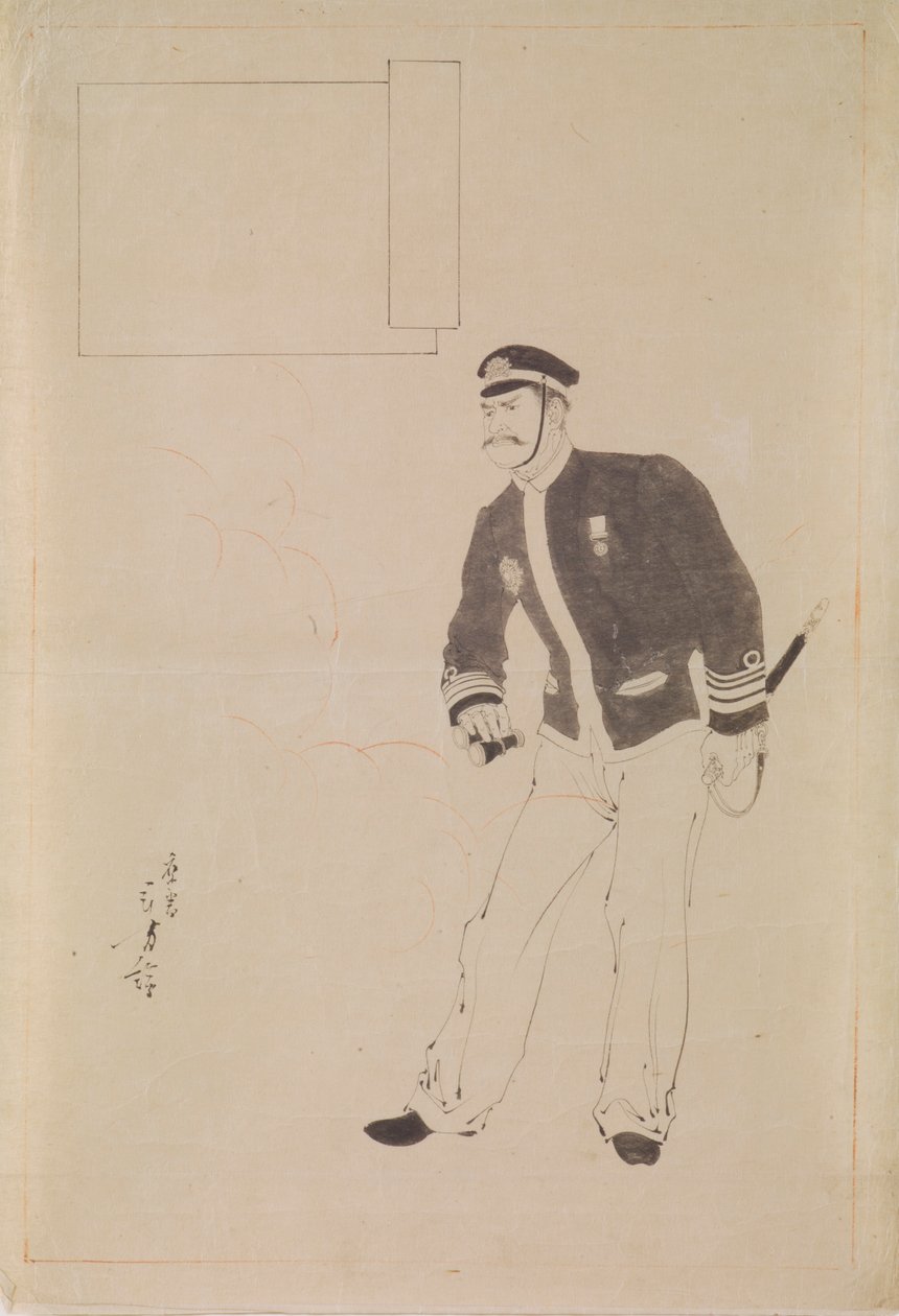 Desenho preparatório para uma impressão em xilogravura representando um oficial da marinha japonesa durante a Guerra Sino-Japonesa de Mizuno Toshikata