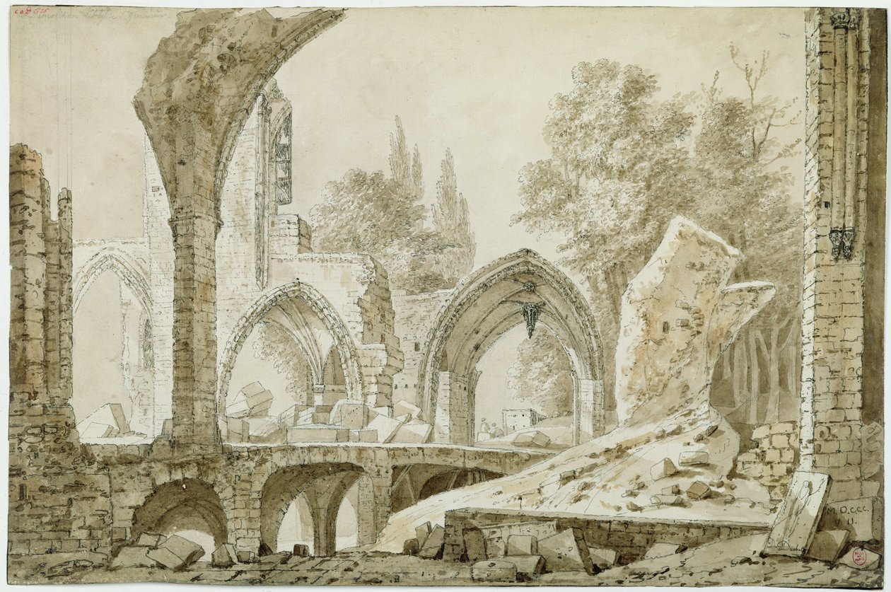 Interior da Igreja de Sainte-Genevi ève em Ruins, 1807 (caneta e tinta para lavar no papel) de Mme. Duchateau