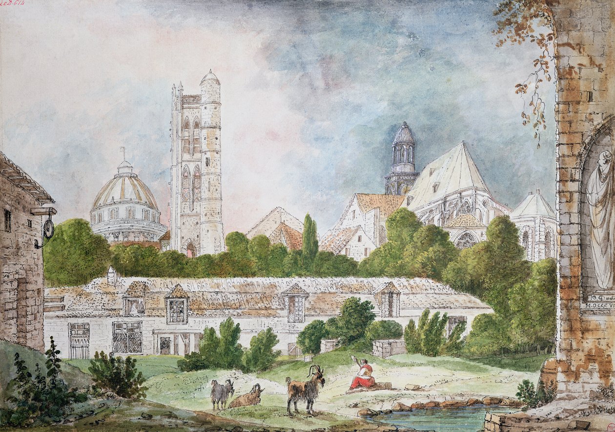 A Nova Igreja de Sainte-Genevieve e Saint-Etienne-du-Mont Visto das Ruínas da Abadia de Sainte-Genevieve em Paris, 1807 (wc und ink on paper) de Mme. Duchateau