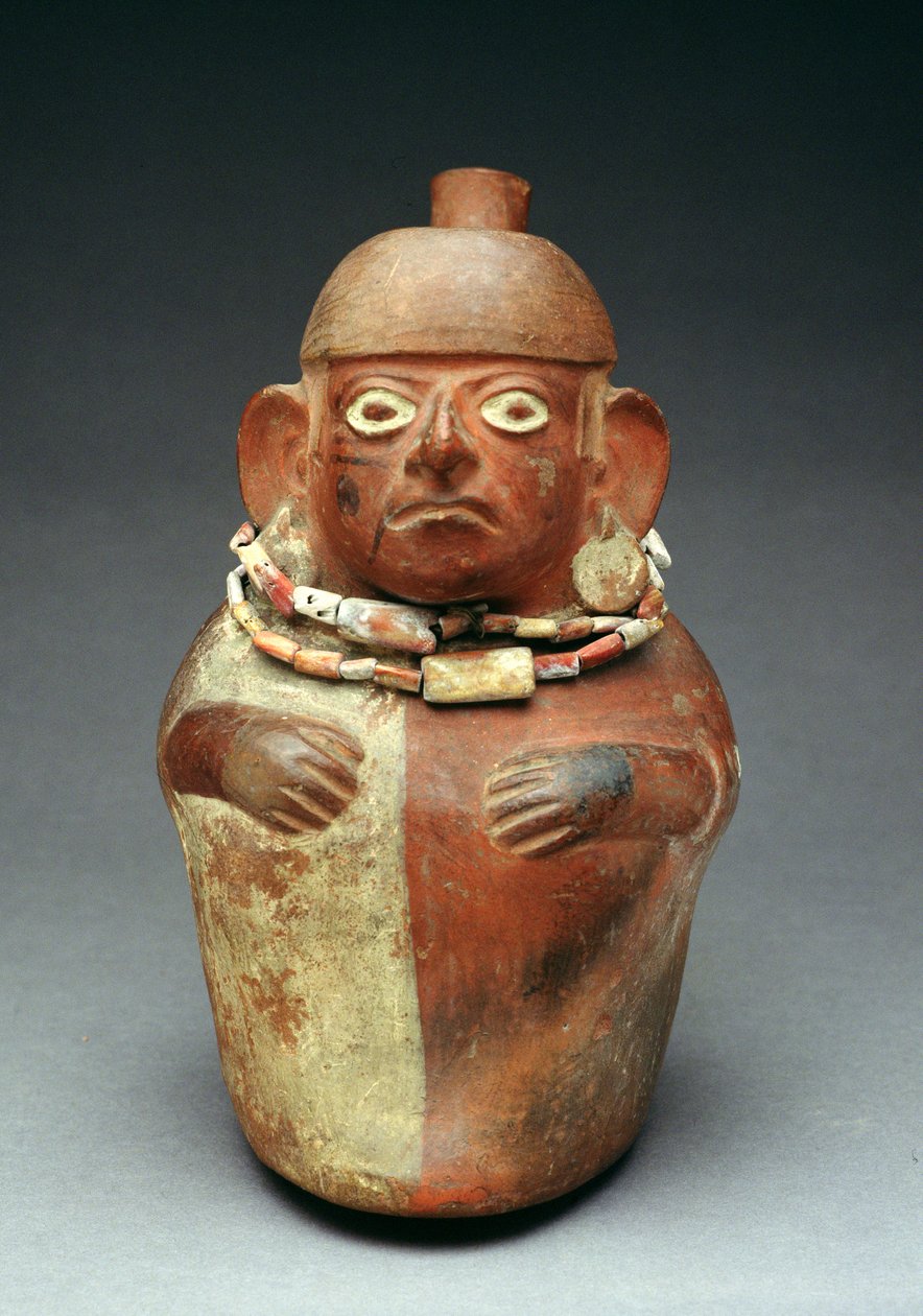 Vaso de estribo representando um dignitário sob a influência da coca, do século 1-8 (terracota) (ver também 157689) de Moche