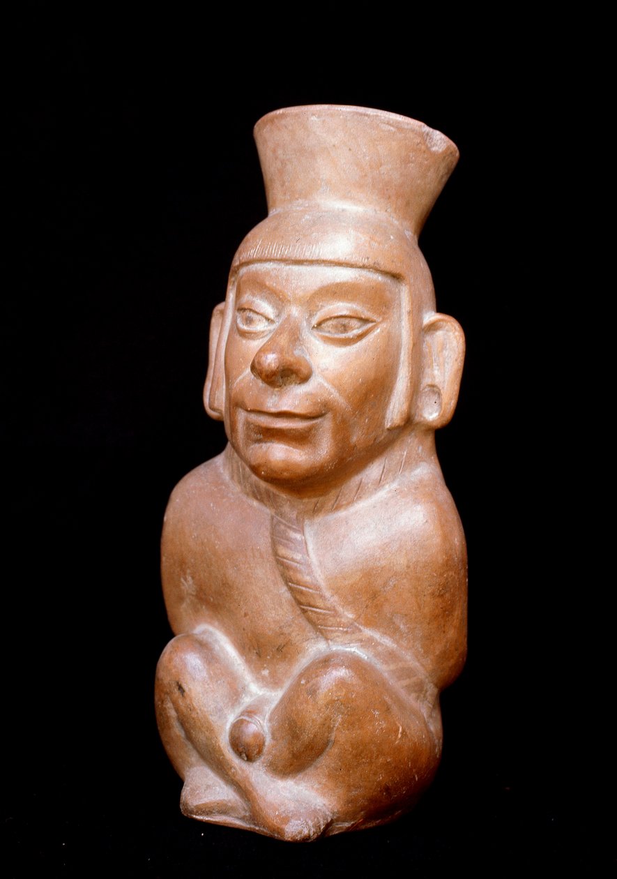 Arte pré-colombiana, civilização mochica (feia, mochica): garrafa antropomórfica de terracota representando um prisioneiro antes do seu sacrifício (ele usa uma corda ao redor do pescoço e as mãos amarradas nas costas). 200 AC-700 DC. Lima, Museu Nacional d de Moche Moche