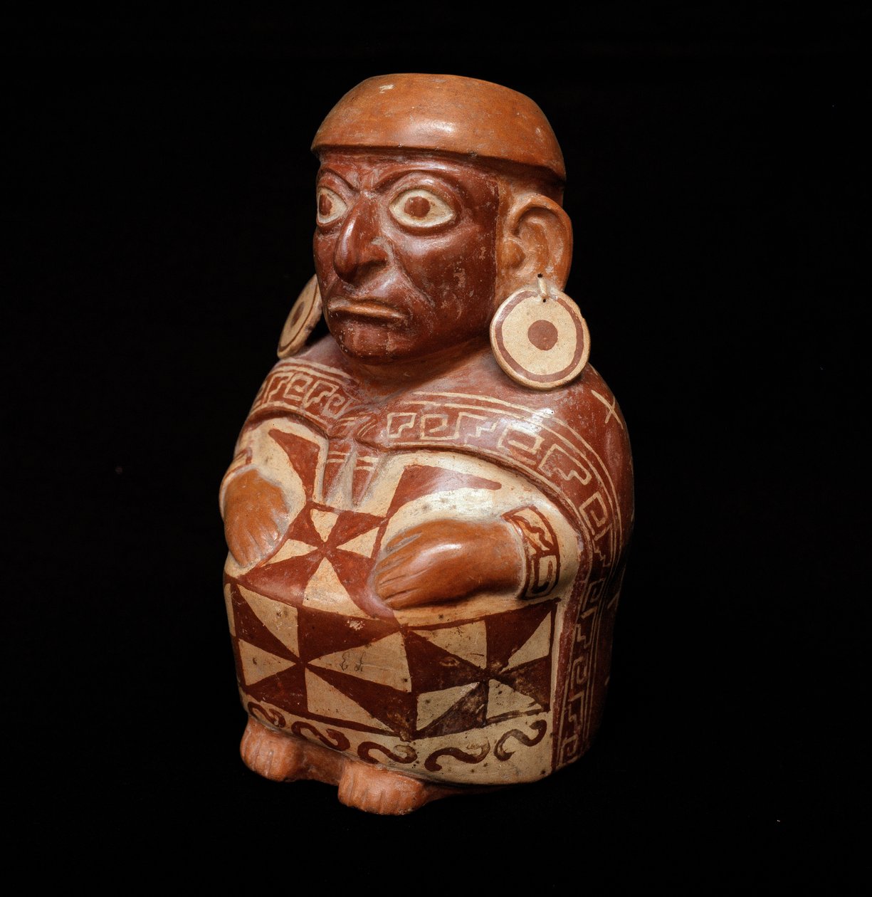 Arte pré-colombiana, civilização mochica (feia): vaso representando o "Têxtil" - 200 AC-700 AD. Lima, Museu Nacional de Antropologia e Arqueologia, Peru - Arte Pré-colombiana, civilização Moche (cultura Mochica), Garrafa Antropomórfica: representação do "T de Moche Moche