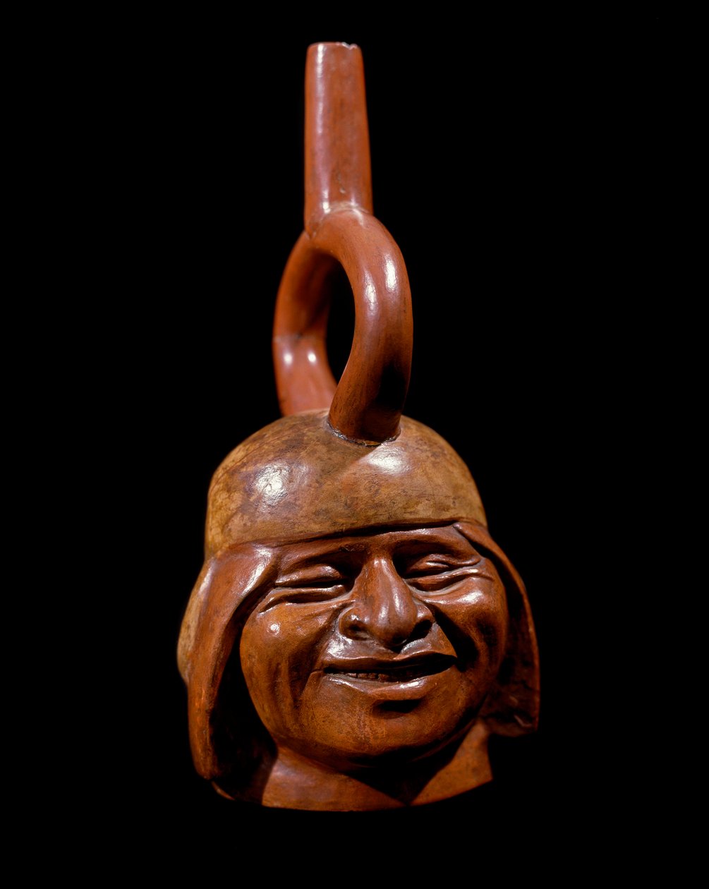 Arte pré-colombiana, civilização mochique (feia, Mochica): vaso antropomórfico chamado do Homem do riso. 200 AC-700 DC. Lima, Museu Nacional de Antropologia e Arqueologia, Peru de Moche Moche