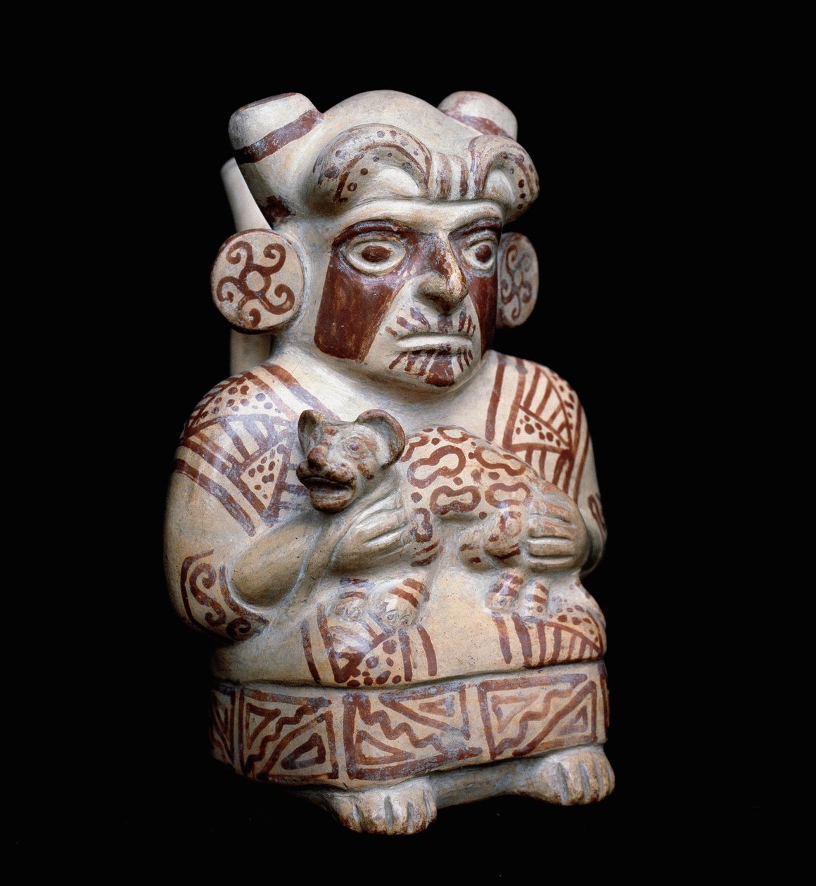 Arte pré-colombiana, civilização mochique (feia, mochica): um chefe mochica com um felino nos braços. Vaso de barro antropomórfico. 200 AC-700 DC. Lima, Museu Nacional de Antropologia e Arqueologia, Peru. de Moche Moche