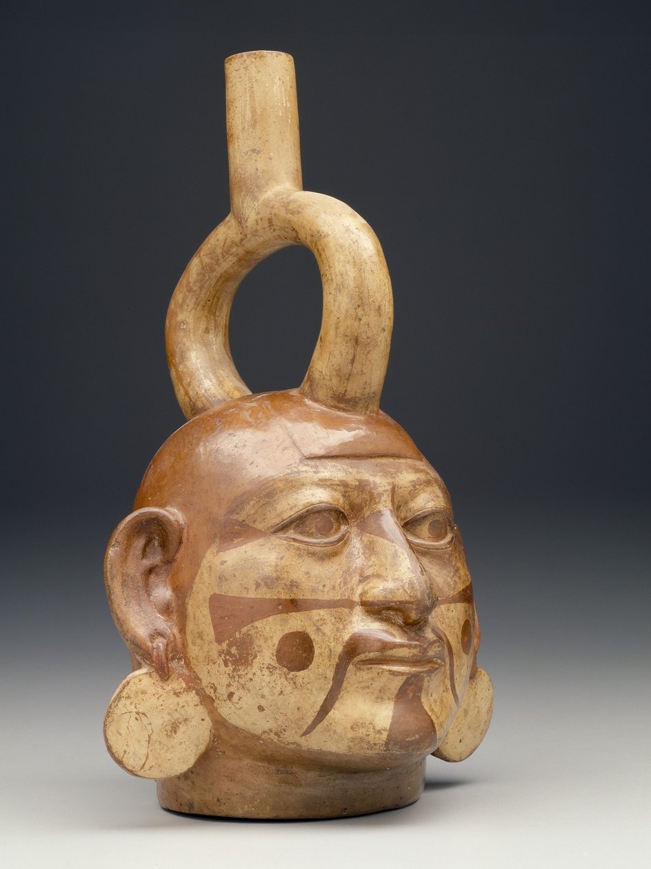 Recipiente com estribo na forma de cabeça de homem, c.A.D. 450-550 (cerâmica) de Moche Moche