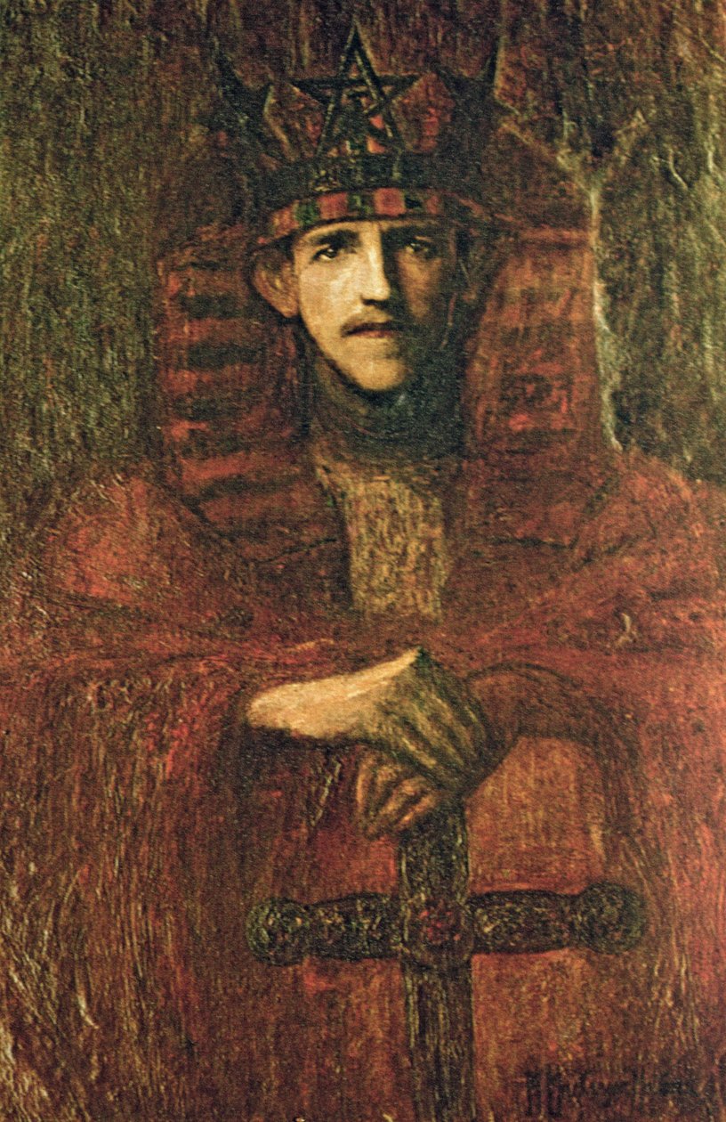 Samuel Liddell MacGregor Mathers (1854-1918) em vestimentas cerimoniais relacionadas à magia ritual, c.1895 (óleo sobre papel) de Moina Mathers