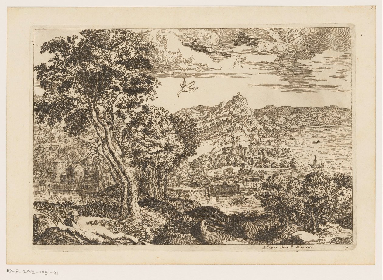 Paisagem costeira com pássaros voando Paisagens após Ticiano (título da série) de Moise Jean Baptiste Fouard