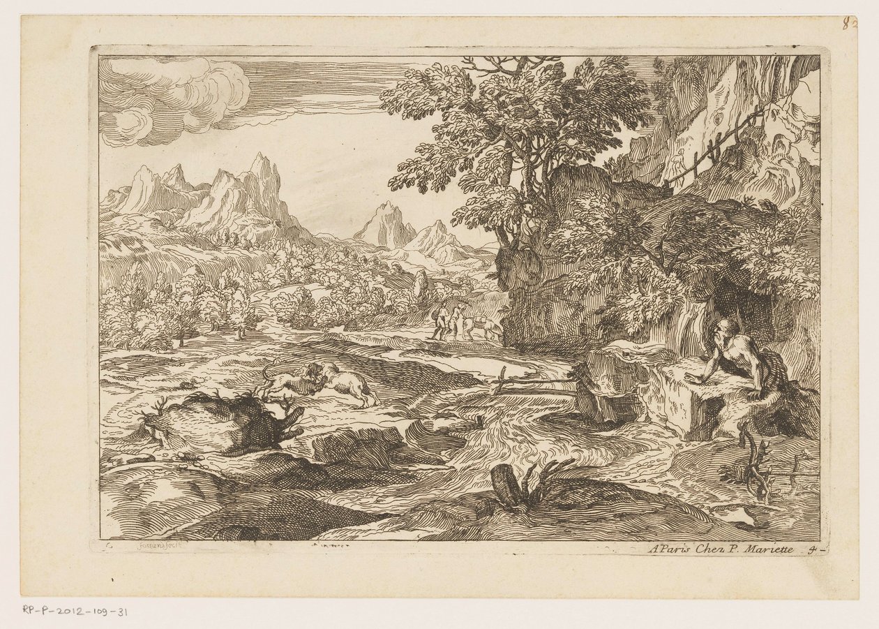 Paisagem com São Jerônimo com dois leões de combate Paisagens após Ticiano (título da série) de Moise Jean Baptiste Fouard