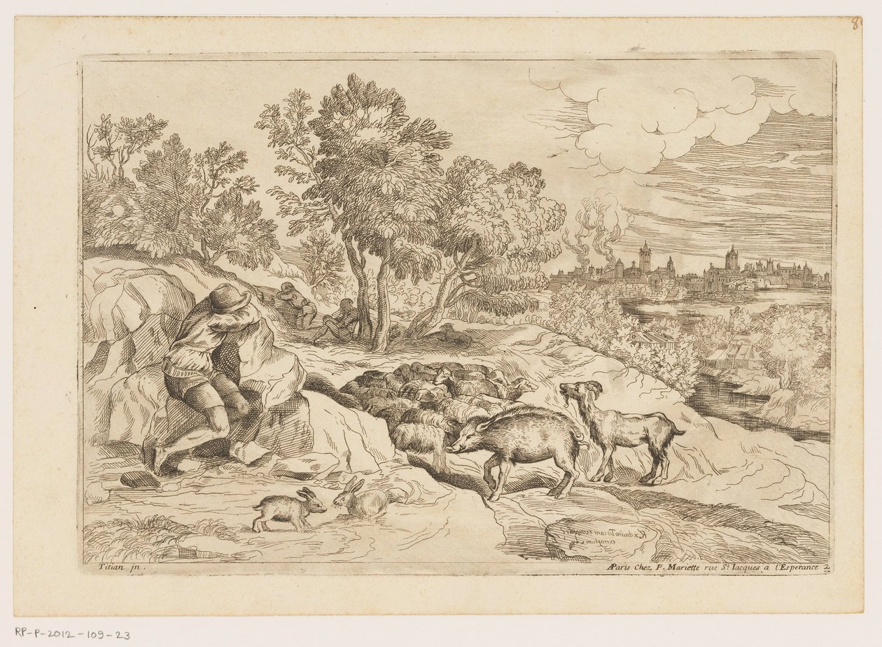 Paisagem com três pastores descansando com um rebanho Paisagens após Ticiano (título da série) de Moise Jean Baptiste Fouard
