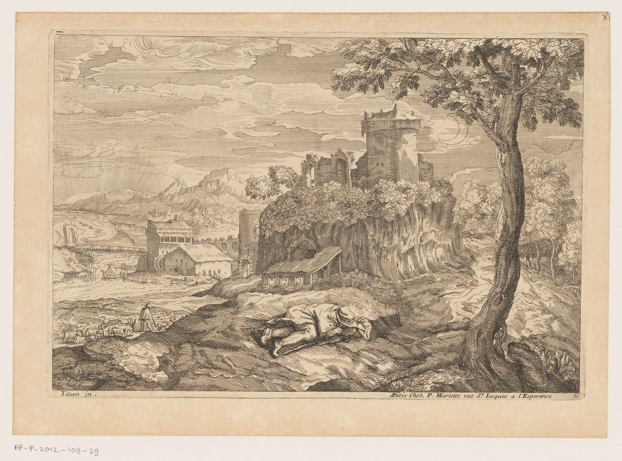 Paisagem com pastor em repouso, no fundo um rio com ponte e moinho de água
Landscapes after Titian (título da série) de Moise Jean Baptiste Fouard