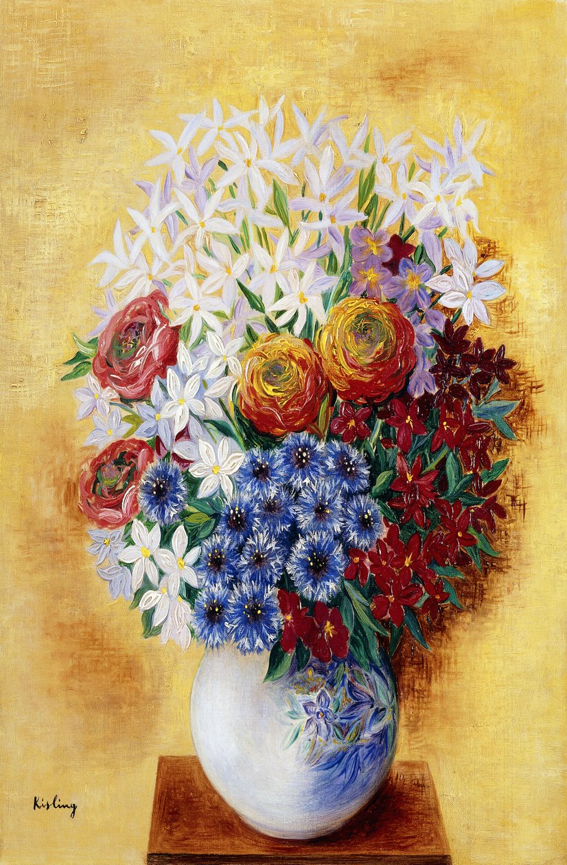 Bouquet de flores sobre um fundo amarelo; Bouquet au Fleurs sur Fond jaune, c.1934 (óleo sobre tela) de Moise Kisling