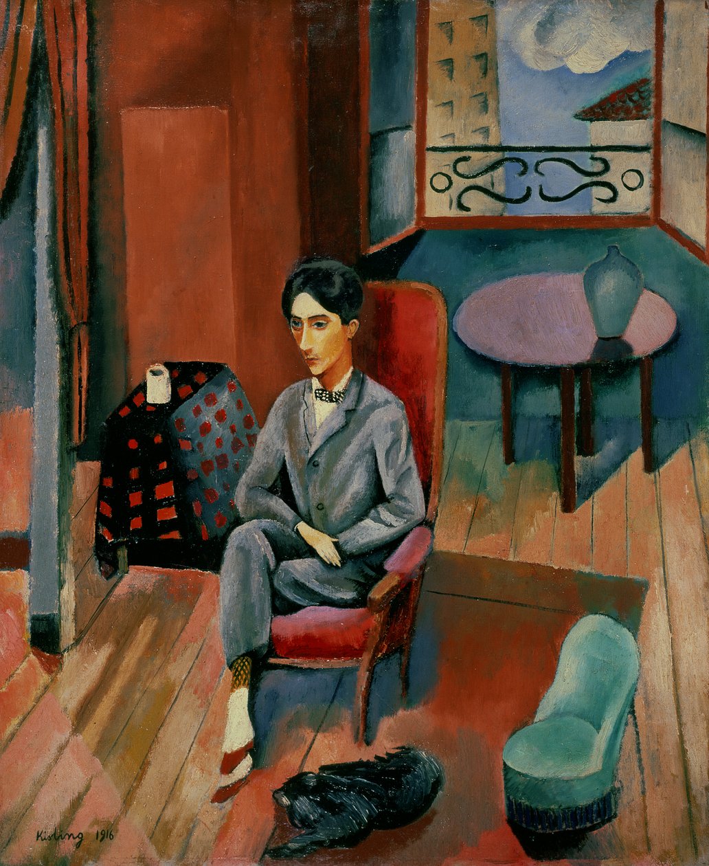 Retrato de Jean Cocteau sentado no seu estúdio de Moise Kisling