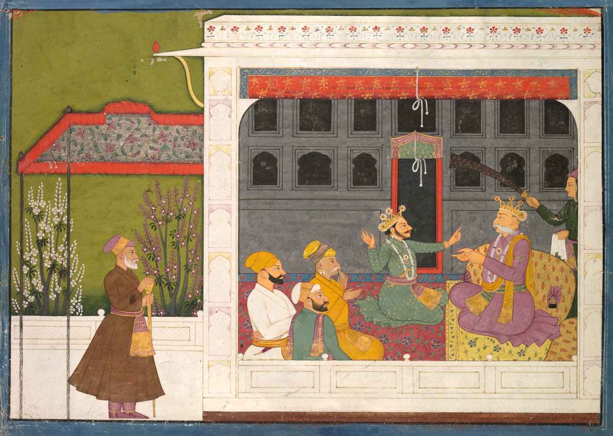 Shispul Discutindo com Rukminis Father, Bhishmaka, página de uma série Rukmini Mangal, c. 1800. de Mola Ram