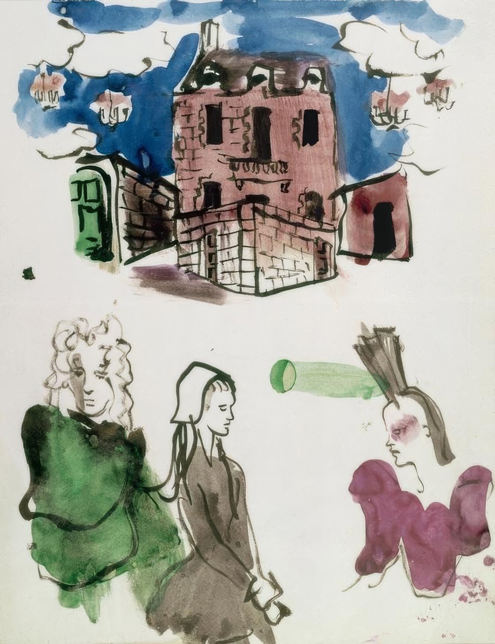 Desenho de palco e estatuetas de Molière