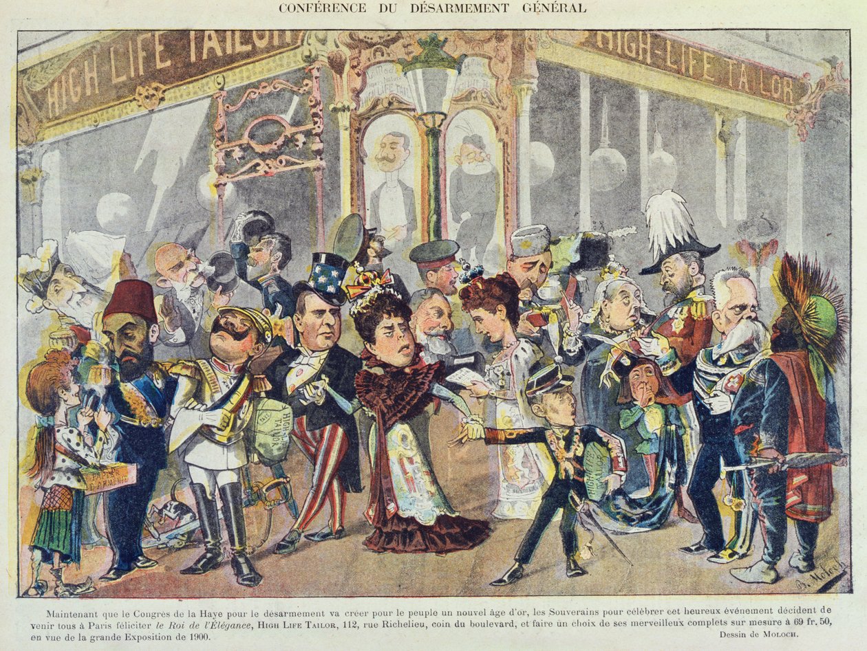 Propaganda para um figurinista parisiense referindo-se à Primeira Conferência de Paz de Haia de 1899, da revista &39;Le Rire&39;, 1899 de Moloch