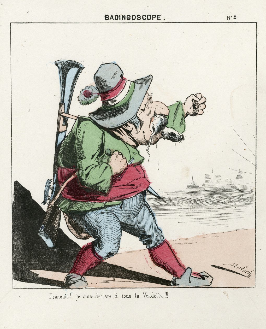 Folha voadora, número 5, Satírico em Cores, por volta de 1870: Badingoscópio - Comuna de Paris/Guerra/Cerco, Caça, Presidente da República - Napoleão III - Ilustração de Moloch (1849-1909) de Moloch