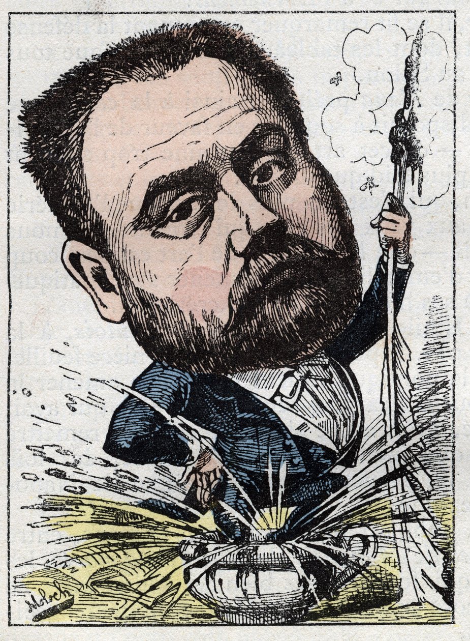 Retrato de Emile Zola (1840-1902) escritor francês em "Le Trombinoscope" de Touchatout, caricatura de B. Moloch de 1882 (1849-1909). Coleção particular. de Moloch