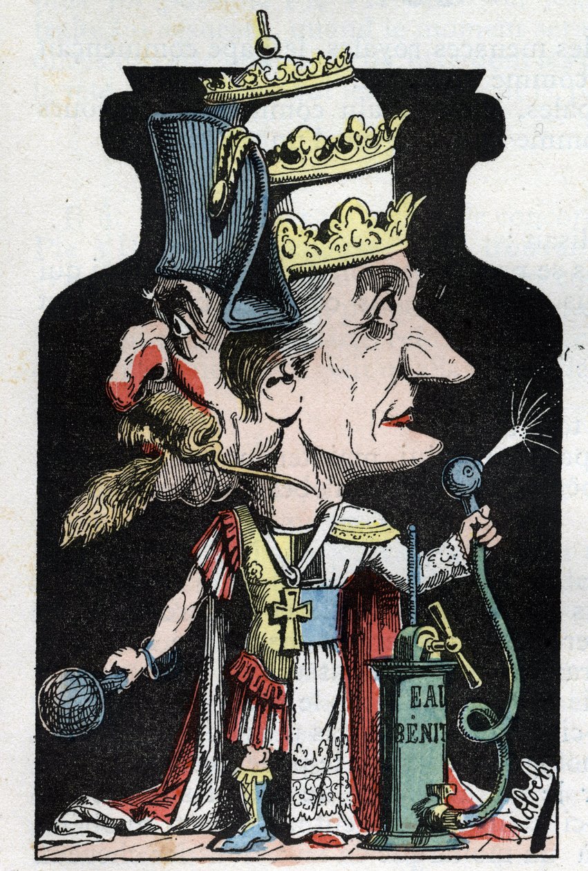 Allegorie du Concordat (sinal entre Pio VII e Bonaparte) de 1801 representado por Moloch como um dispositivo de compressão com Napoleão III e o Papa de Moloch