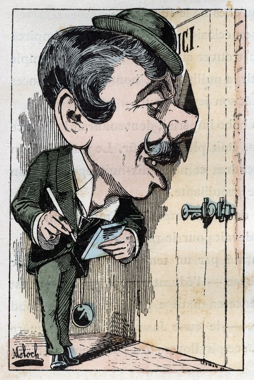 Alegoria de um "repórter" (jornalista) em "Le Trombinoscope" de Touchatout, cartoon de B. Moloch de 1882 (1849-1909). Coleção privada. de Moloch