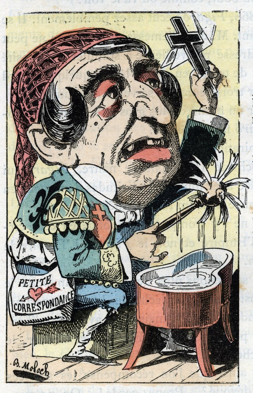 Alegoria do jornal francês Le Figaro em "Le Trombinoscope" de Touchatout, cartoon de B. Moloch de 1882 (1849-1909). Coleção privada. de Moloch