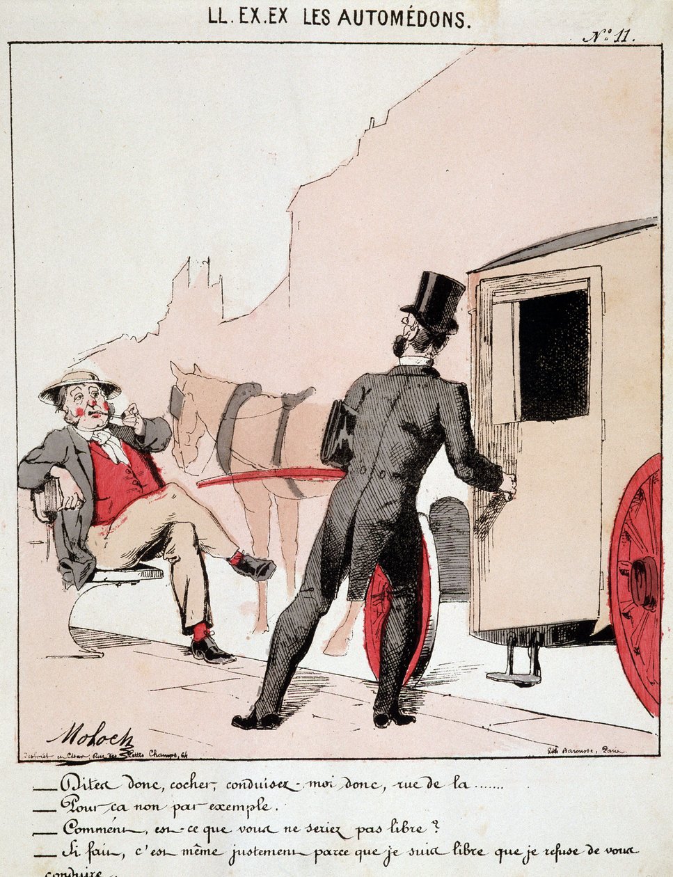 ELE. EX. EX. Motoredons: Desenho animado do transporte na cidade. Um burguês pede a um cocheiro que o leve para uma rua e fica surpreso que ele se recuse, pois está livre e pergunta-lhe porquê. O motorista diz que é precisamente porque ele está livre de su de Moloch