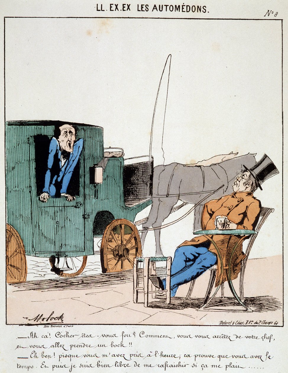 ELE. EX. EX. Motoredons: Desenho animado do transporte na cidade. Um cocheiro paga a tempo paragens num café para levar um galo debaixo das balanças do burguês que transporta. Desenho de Moloch (1849-1909), por volta de 1860. de Moloch