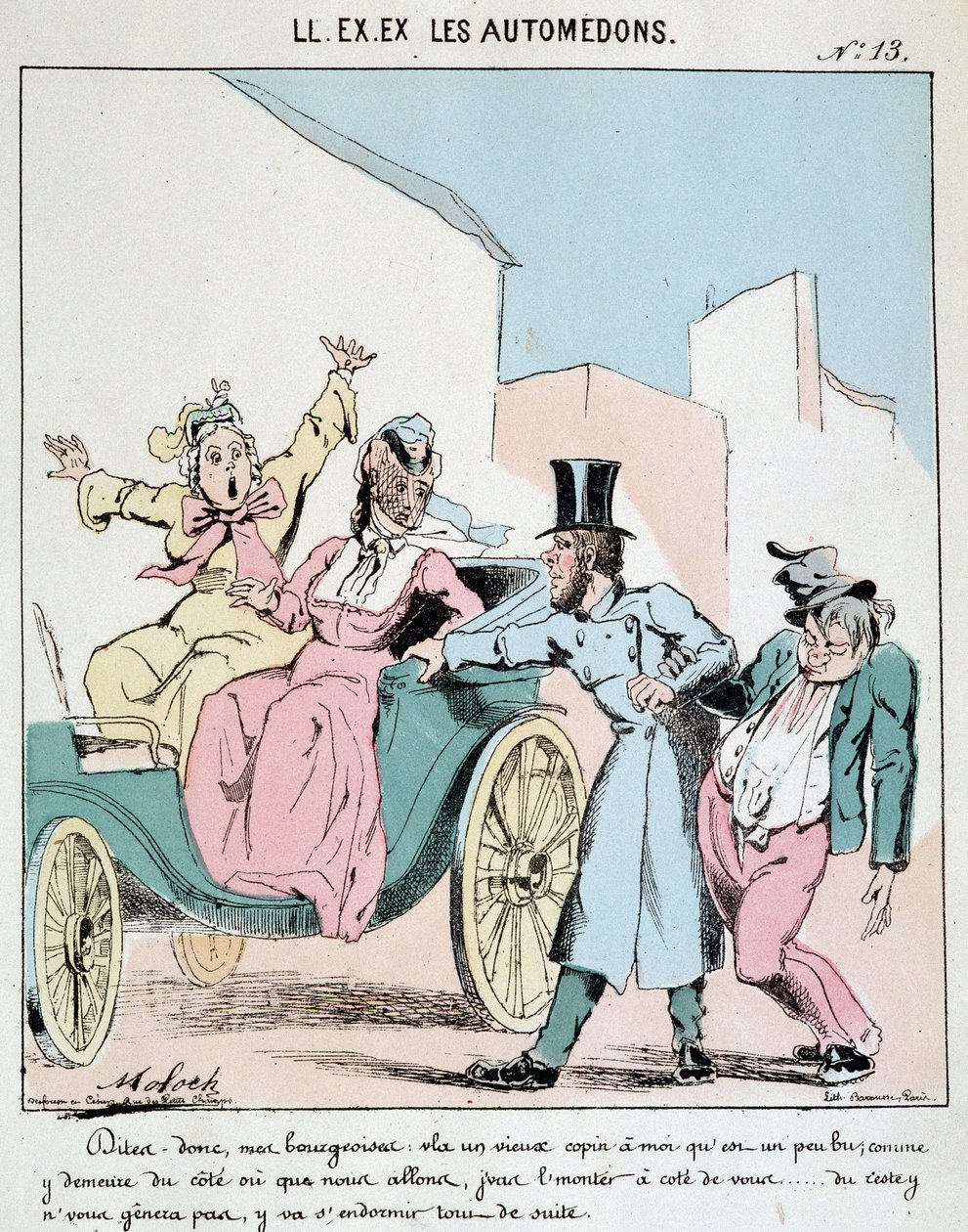 ELE. EX. EX. Motoredons: Desenho animado do transporte na cidade. Um cocheiro leva um amigo bêbado na carruagem ao lado de duas burguesas horrorizadas. Desenho de Moloch (1849-1909), por volta de 1860. de Moloch