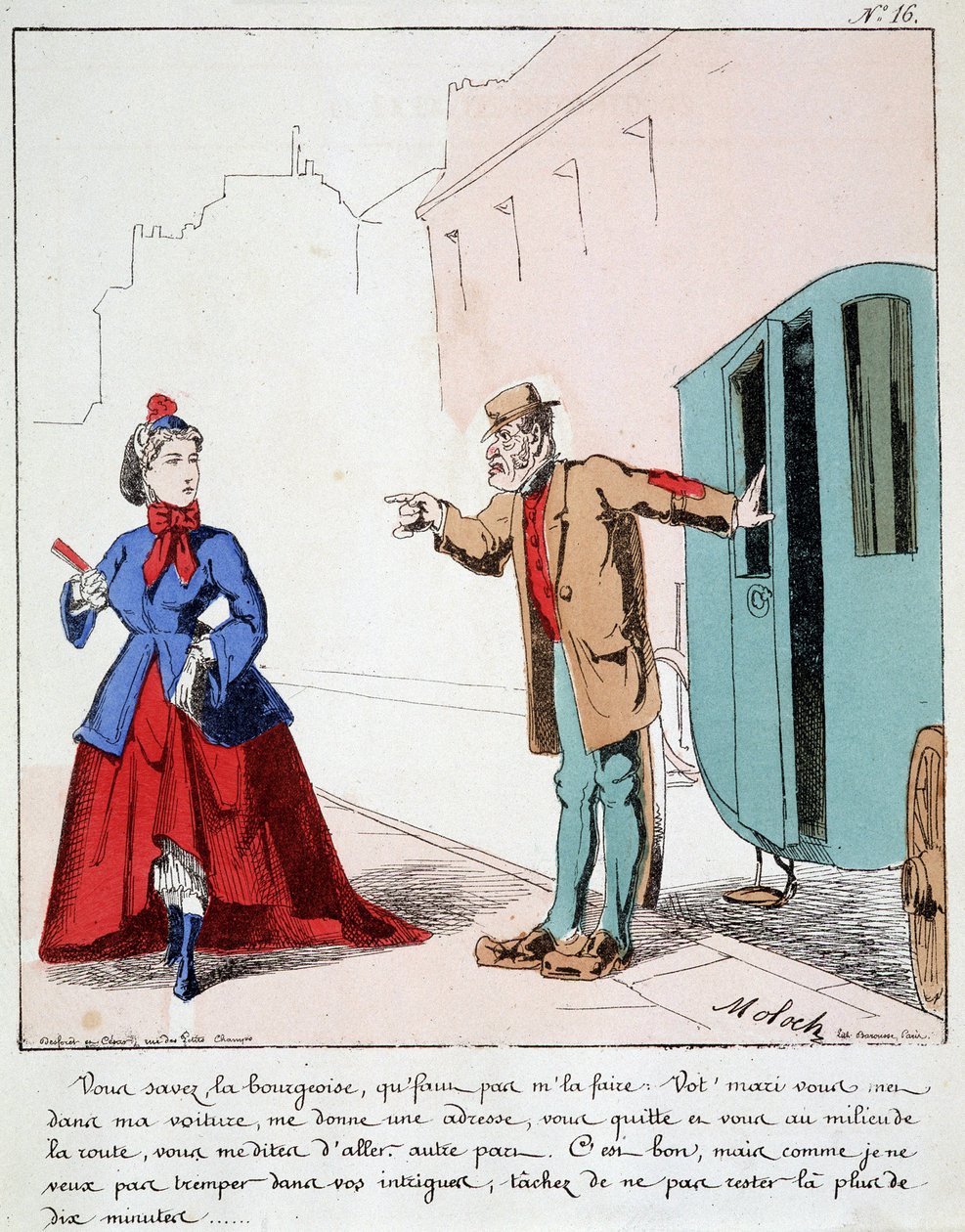 ELE. EX. EX. Motoredons: Desenho animado do transporte na cidade. O cocheiro repreende uma burguesa que vai ao parque enquanto seu marido pede ao motorista que a leve para outro lugar. Desenho de Moloch (1849-1909), por volta de 1860. de Moloch