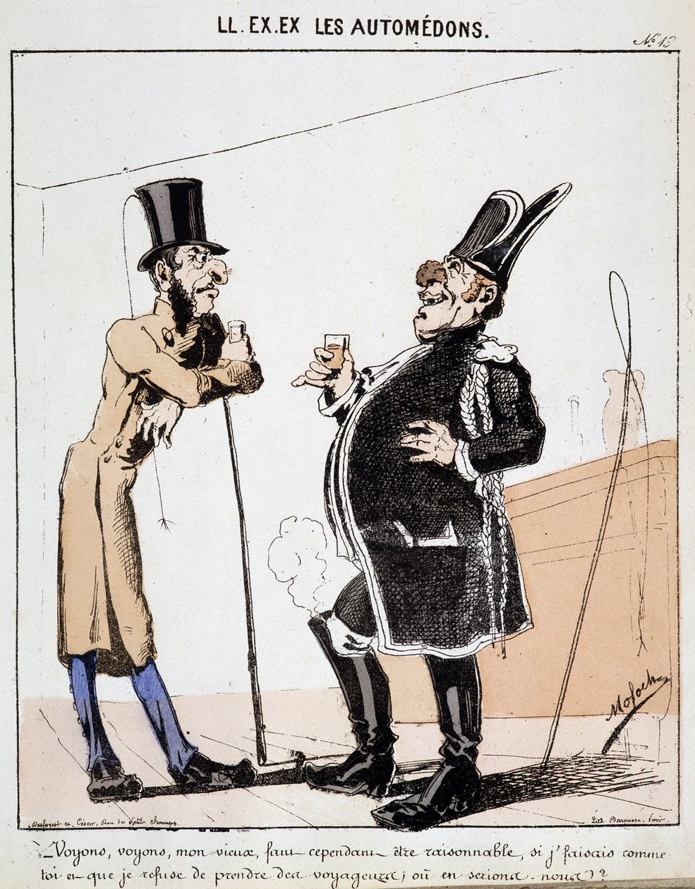 ELE. EX. EX. Motoredons: Desenho animado do transporte na cidade. Dois cochers falam sobre um copo de álcool em vez de levarem passageiros. Desenho de Moloch (1849-1909), por volta de 1860. de Moloch